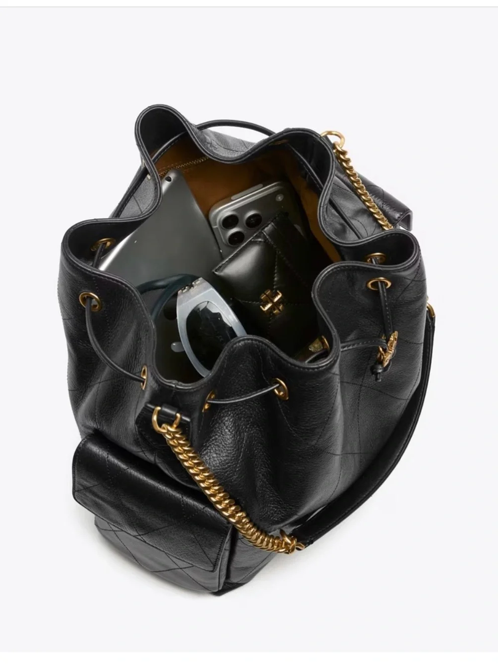 Tory Burch Large Charlie Black Leather Drawstring Shoulder Bag with Gold Chain